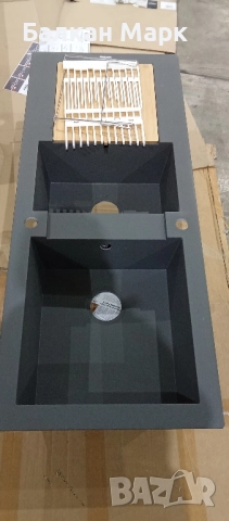 Кухненска мивка CAREA KATLA – 118×50 см – 2 корита + бамбукова дъска + сгъваема решетка, снимка 3 - Мивки - 52453368