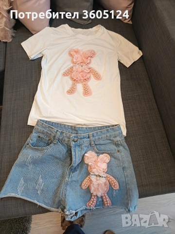 дамски комплект тениска и дънкови панталонки размер L, снимка 6 - Тениски - 53069326