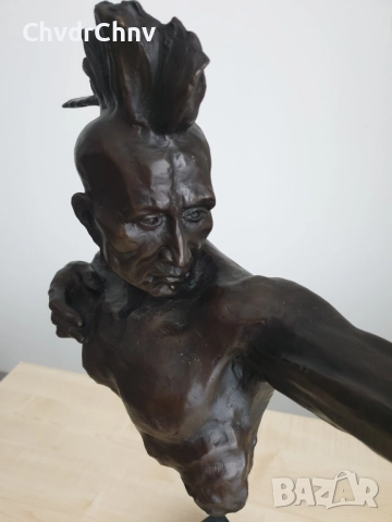 77см-10кг McKenzie статуя-композиция/канадска голяма бронзова скулптура/фигура на индианец с лък, снимка 6 - Статуетки - 52893100