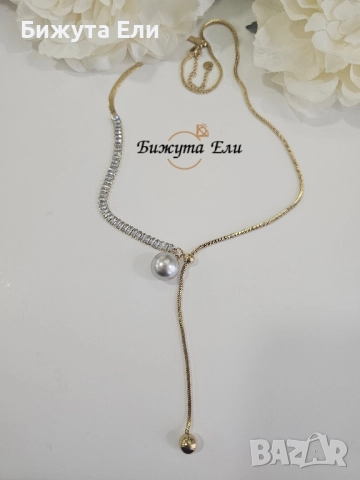 Колие стомана с перла и кристали , снимка 2 - Колиета, медальони, синджири - 51597170