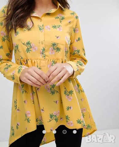 Разпродажба!Елегантна дълга дамска риза с флорални мотиви цветя жълта разкроена с дълъг ръкав S-S/M , снимка 3 - Ризи - 40689802