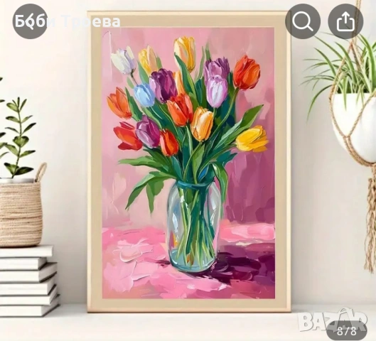 Ярка цветна живопис със силни щрихи, Многоцветни лалета 