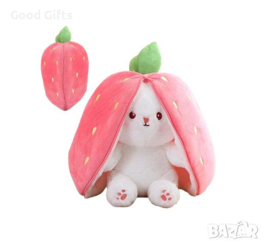 Плюшена играчка- възглавница, Зайче в ягода, розово, 25 см, снимка 3 - Плюшени играчки - 42933225