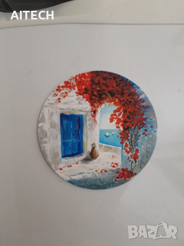 Ръчно рисувана картина магнит – миниатюра върху обла основа, 15 см, снимка 2 - Картини - 53452440