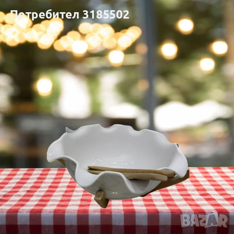 Керамична купа с дървена стойка и прибори за сервиране, снимка 5 - Прибори за хранене, готвене и сервиране - 51420566