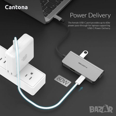 LENTION USB C хъб с 4K HDMI, Gigabit Ethernet, 3хUSB 3.0, Type C PD, снимка 6 - Други - 37872870