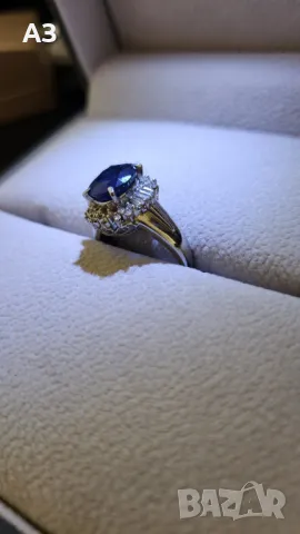 Пръстен с 3.56 карата сапфир и диаманти - Платина, снимка 4 - Пръстени - 48435992