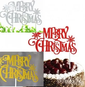  Merry Christmas Весела Коледа червен златен сребро мек брокатен топер клечка украса декор за торта