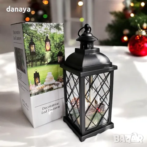 5352 Голям декоративен Led фенер лампа с реалистични свещи и шишарки, 36 см, снимка 6 - Декорация за дома - 47604522