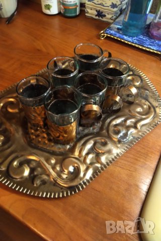 Антикварен ръчно кован сервиз за чай от мед 