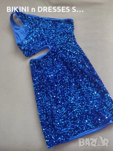 Уникална синя рокля с пайети едно рамо, снимка 6 - Рокли - 48318309