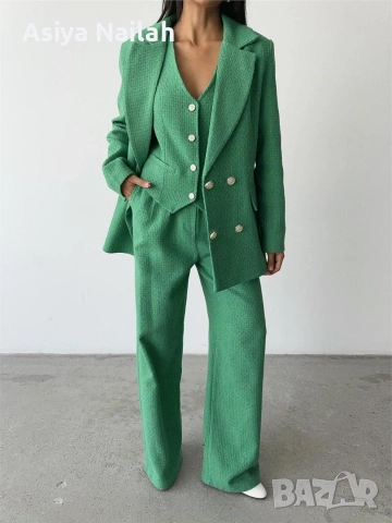 Дамски зелен костюм от 3 части – сако, елек и широк панталон