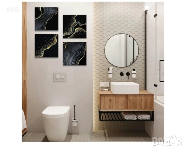 Artscope 4 части Абстрактни стенни картини върху платно - Черен мрамор, златен, плаващ пясък, снимка 4 - Други стоки за дома - 53269170