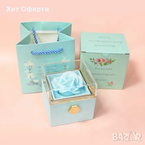 Луксозна подаръчна кутия с консервирана синя роза и въртящо се чекмедже, снимка 2 - Подаръци за жени - 53145299