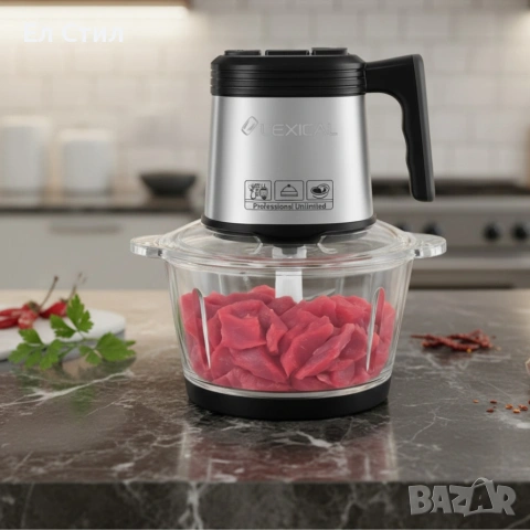 Електрически чопър Lexical LCH-1956 с 6 титаниеви ножа и стъклена купа, снимка 2 - Чопъри и пасатори - 53575119