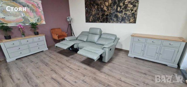 Сив кожен диван тройка "Moreno" с ръчен релаксиращ механизъм, снимка 10 - Дивани и мека мебел - 43896361