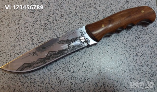 Ловен нож фултанг с гравиран Ловец(черно слънце), стомана 65х13, снимка 7 - Ножове - 28106449
