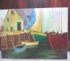 60х80 см. ГОЛЯМА скандинавска картина лодки пристанище, Варна, наивизъм, снимка 3