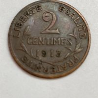 Франция,2 сантима 1913,бронз, снимка 1 - Нумизматика и бонистика - 32881147
