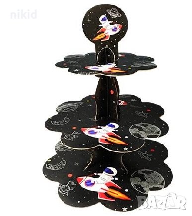 3 етажна Триетажна поставка стойка за мъфини картонена Космос ракети планети земно кълбо кексчета, снимка 1