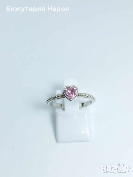 Сребърен пръстен с розов цирконий Сърце, снимка 1