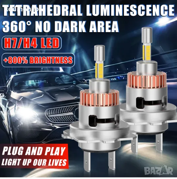 H7 LED крушки 150w мини 4-странни Canbus, 30000LM, снимка 1