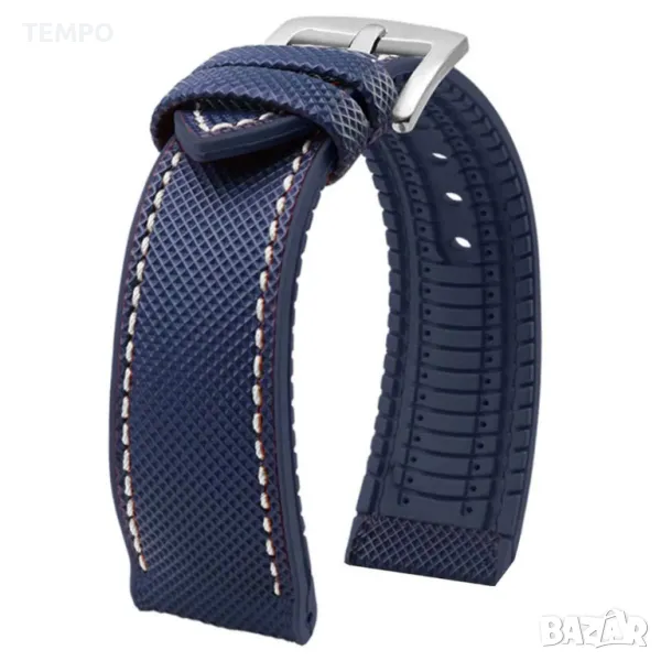 СИЛИКОНОВА КАИШКА СИНЯ С БЯЛ ШЕВ- 20мм + ПОДАРЪК, снимка 1