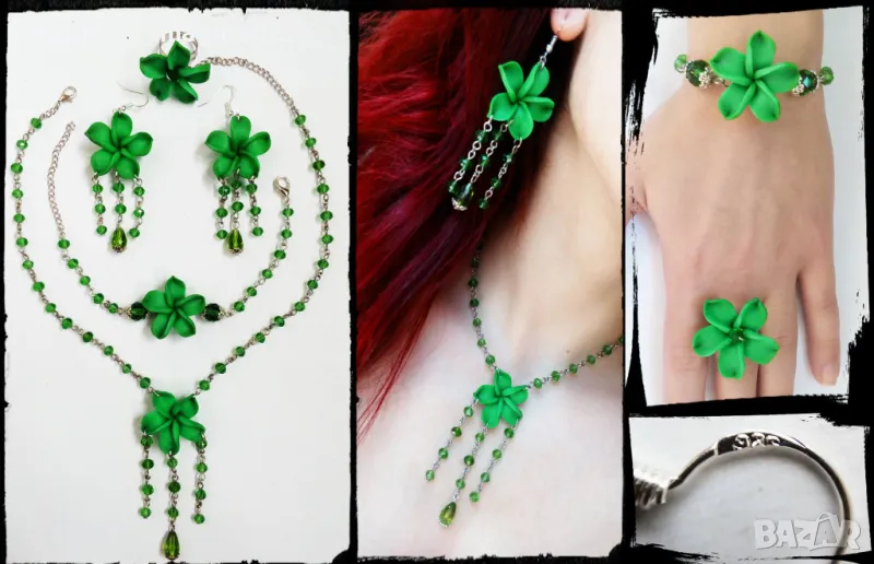 Комплект бижута със сребро 925, Ръчна изрботка, зелен цвят, снимка 1