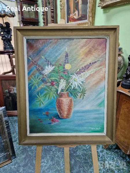 Стар голям антикварен френски натюрморт масло върху платно , снимка 1