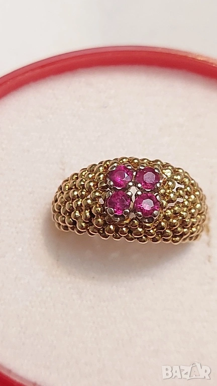 Старинен златен пръстен с естествени рубини, снимка 1