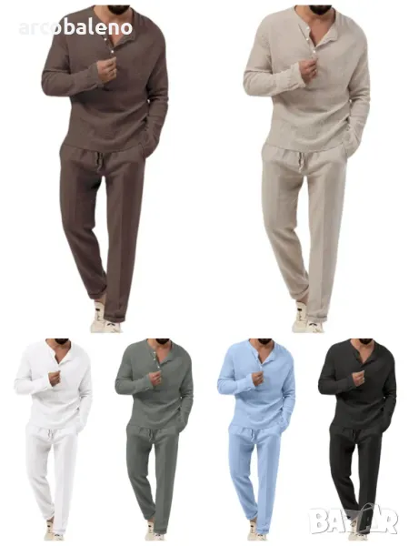 Мъжки едноцветен ежедневен комплект от две части с дълъг ръкав и панталон, 6цвята , снимка 1