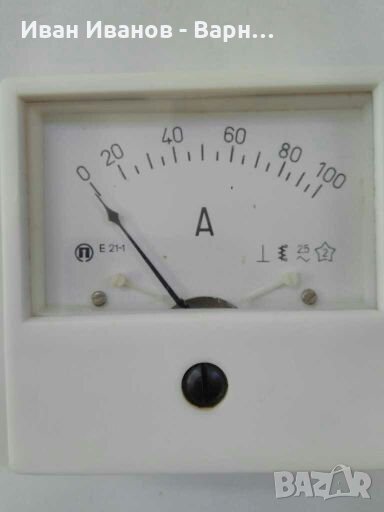 Български Амперметър, ампермер  E21-1 ; 0 - 100А~ 50Hz, 100 ампера  ;директно измерване 80х80мм, снимка 1