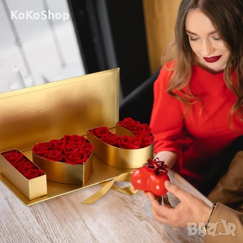 Кутия с рози  I Love you  - луксозен подарък в златиста кутия, снимка 3 - Декорация за дома - 53356214