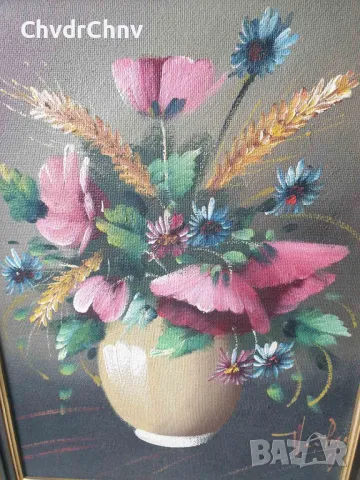 49х39см/малка картина масло върху фазер/натюрморт ваза с цветя/дървена рамка, снимка 2 - Картини - 46974903