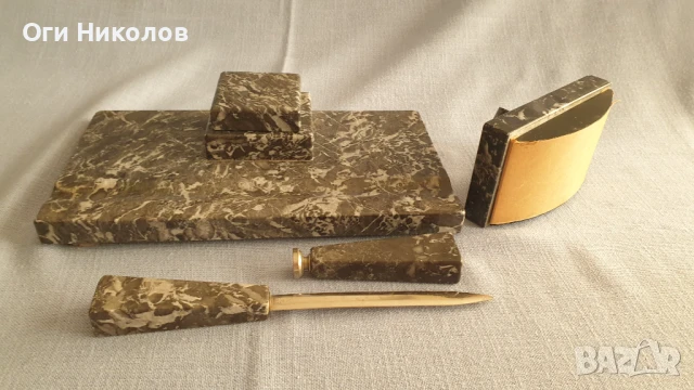 Комплект мраморна мастилница с аксесоари за бюро, снимка 4 - Антикварни и старинни предмети - 50507095