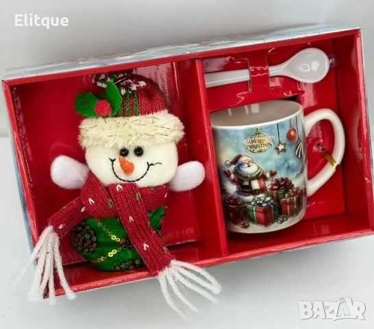 Празничен подаръчен комплект с чаша, лъжичка  и снежен човек – готов за подаряване