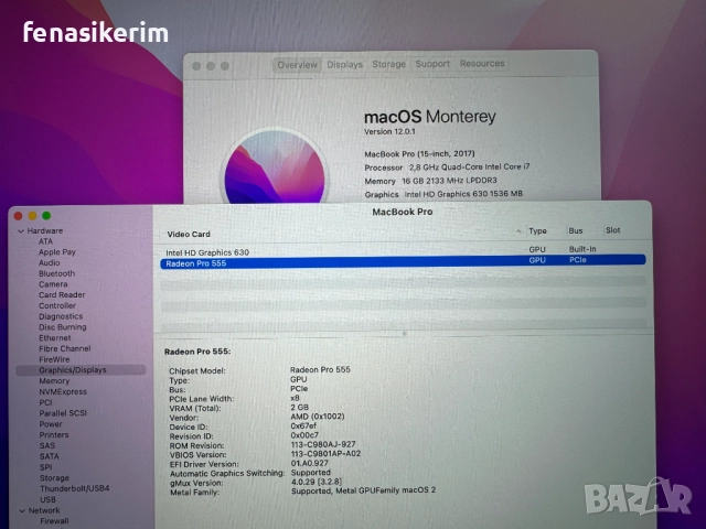 15.4' Core i7 Apple MacBook Pro Mid 2017 TouchBar 16GB RAM/256GB SSD/Radeon Pro 555/Бат 6ч, снимка 6 - Лаптопи за работа - 52606028