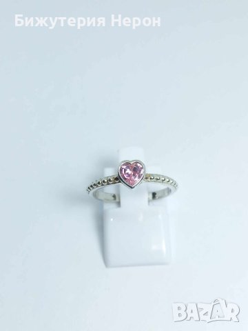 Сребърен пръстен с розов цирконий Сърце, снимка 1