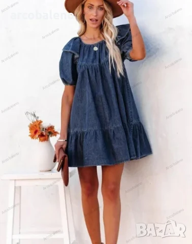 Дамска дънкова свободна ежедневна къса рокля с волани, снимка 2 - Рокли - 44313866