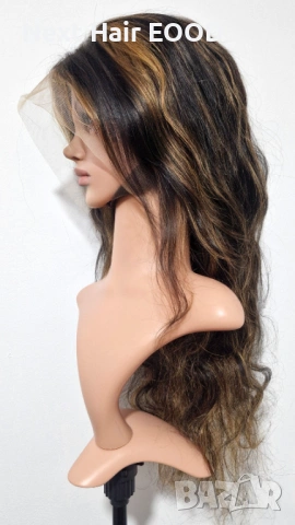 Естествена черна чуплива перука от бразилска човешка коса с руси кичури 75 см - Lace Front 13x6, снимка 5 - Аксесоари за коса - 53294971