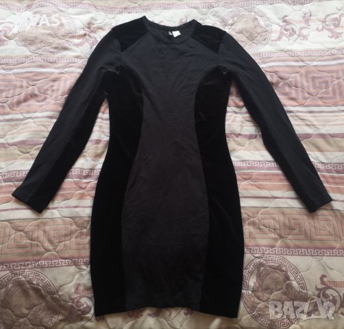 Нова H&M вталяваща черна рокля с дълъг ръкав кадифе XS-S