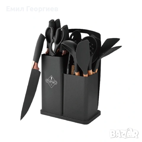 Кухненски комплект от 19 части - ножове, силиконови прибори, поставка и дъска за рязане, снимка 7 - Прибори за хранене, готвене и сервиране - 53228461