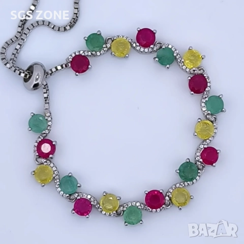 ОРИГИНАЛНА СРЕБЪРНА ГРИВНА С ЖЪЛТ САПФИР, РУБИН И ИЗУМРАД ОТ ТАЙЛАНД