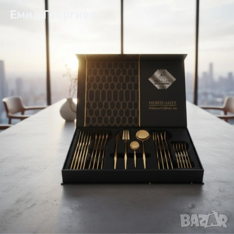Комплект прибори за хранене в златист цвят от 24 части с луксозен дизайн и магнитна кутия, снимка 5 - Прибори за хранене, готвене и сервиране - 53202010