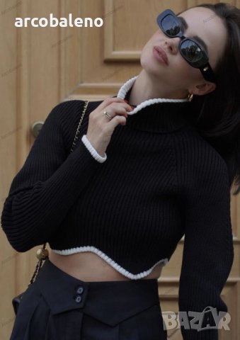 Дамски къс пуловер с яка и неравен подгъв, 9цвята, снимка 7 - Блузи с дълъг ръкав и пуловери - 43905120