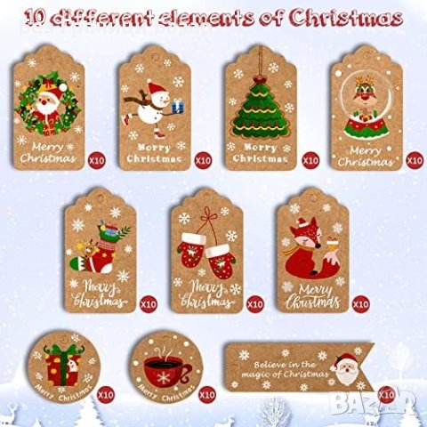 Нов комплект  100 броя Коледни Етикети Surcotto, Разноцветни, Крафт Хартия за подаръци, снимка 9 - Други - 43503137