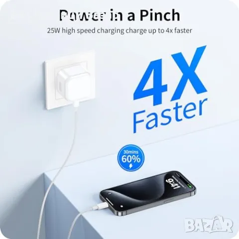 Нов Комплект iPhone 15 зарядно 25W, USB C кабел 6.6FT бързо зареждане Айфон, снимка 2 - Аксесоари за Apple - 47782888