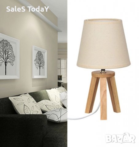 Настолна лампа, нощна лампа, Дърво, Бял, 45.5 см, снимка 2 - Настолни лампи - 35812122