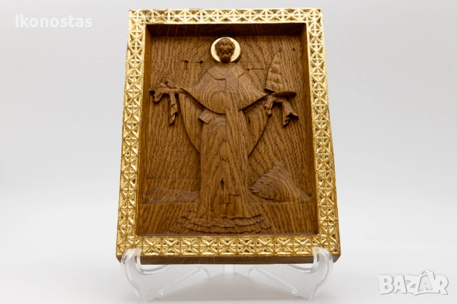 Релефна икона на Свети Николай Чудотворец с кораб – позлатена, снимка 4 - Икони - 53223875