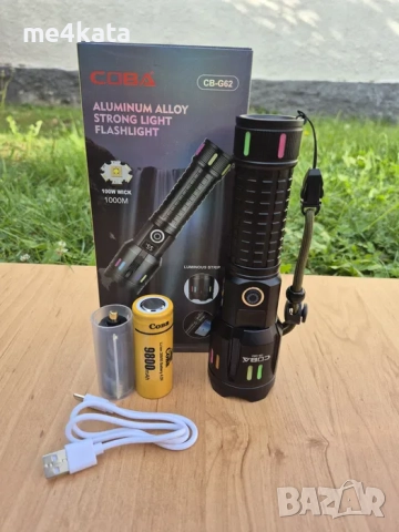 Мощен Алуминиев LED Фенер COBRA CB-G62 – 100W, 1000m Осветяване, 9800mAh Батерия, 5 Режима, USB Заре, снимка 3 - Аксесоари и консумативи - 52733354